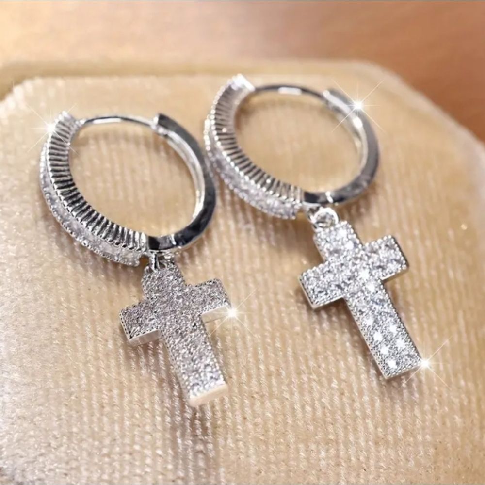 Silver Cross Rhinestone Dangle Earrings